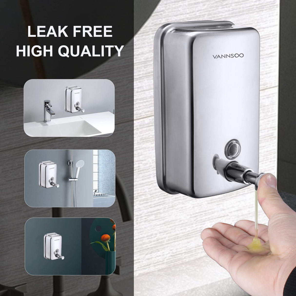VANNSOO Commercial Soap Dispenser Wall Mount Stainless Steel Manual Liquid Pump Rust-Proof Leak Free for Bathroom (37 fl.oz./1100ml)