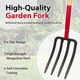 Dikuyeel Heavy Duty Garden Fork for Digging, 4 Tines Pitch Fork for Gardening Compost, Garden Pitch Fork with Wooden Handle, 45 Inches