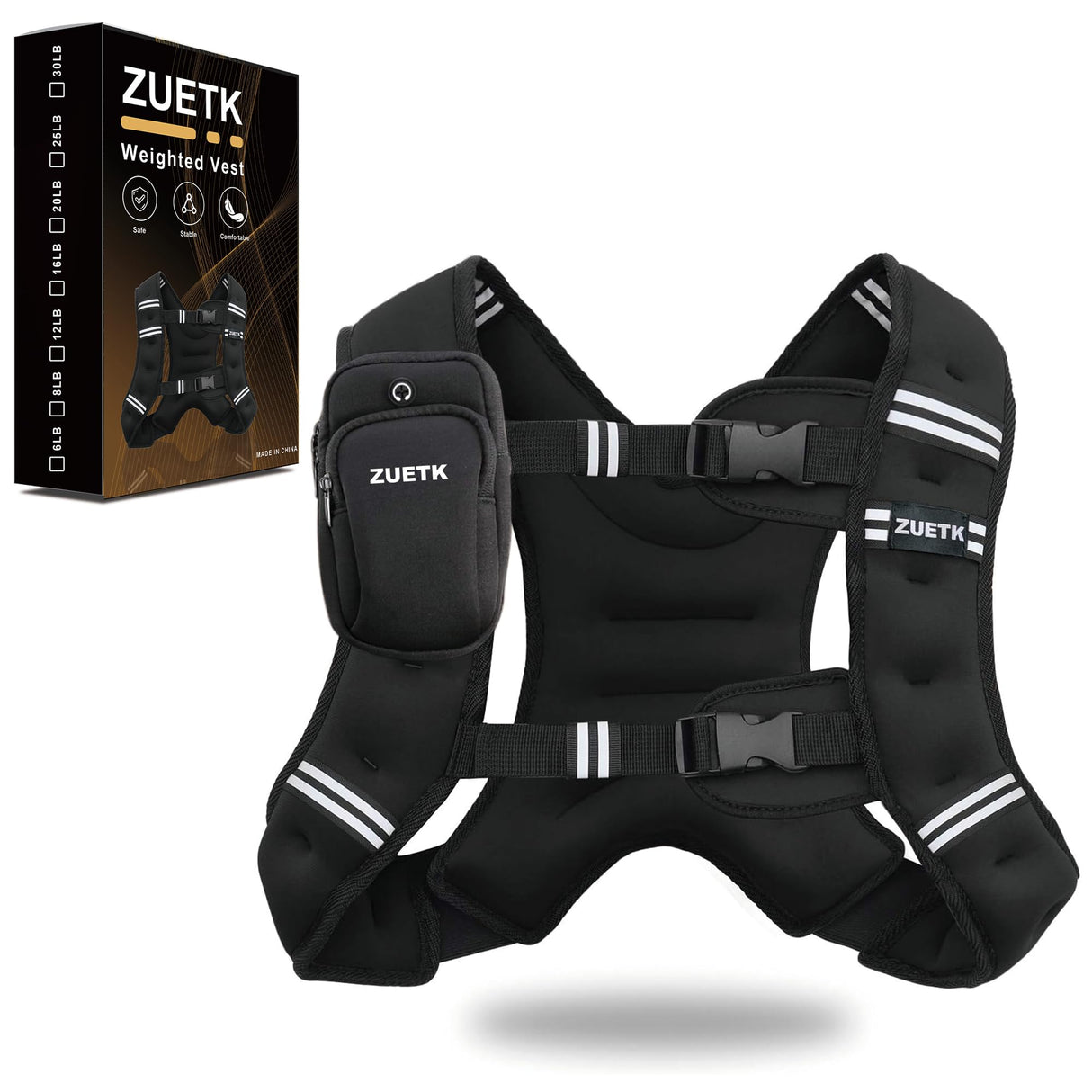 ZUETK Weighted Vest, 6lb/8lb/12lb/16lb/20lb/25lb/30lb Weight Vest with Reflective Stripe, Weighted Vest for Men Women Workout Equipment for Strength Training, Running, Jogging, Fitness, Weight Loss
