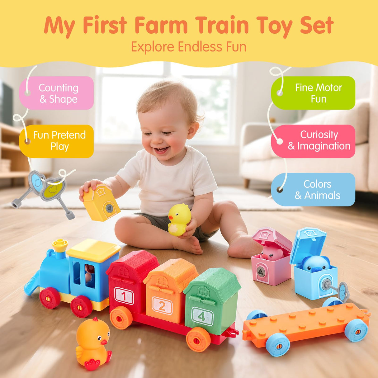 Toddler Learning Toys for 2 3 Year Old Boy Girl - Counting Matching & Sorting Activity Montessori Train Set with Farm Animals, Finger Puppets, Keys to Lock and Unlock Barns, Christmas Birthday Gift
