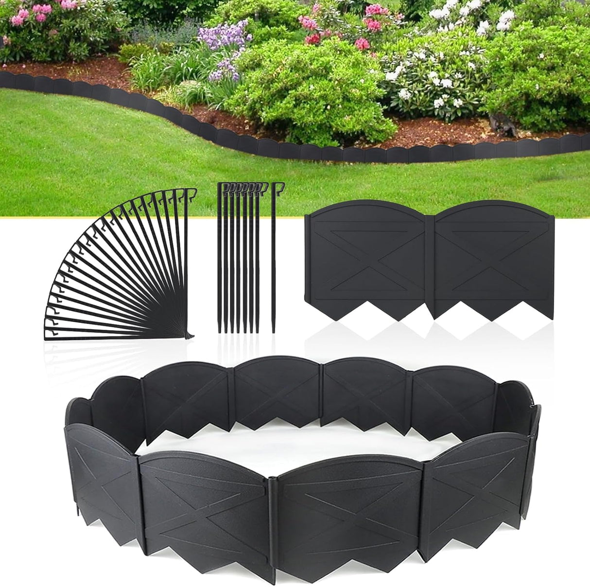 Vashly No-Dig 30Ft Landscape Edging,6 Inch Tall Garden Edging Garden Edging Border, 30Pcs Flower Bed Edging Border with 30Pcs Stakes