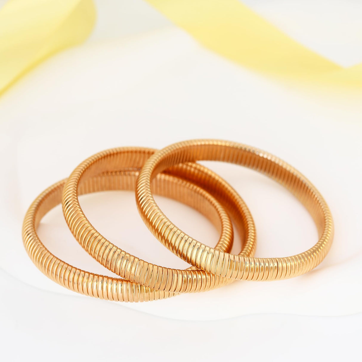 BONJOULRY 14K Gold Stretch Omega Snake Chain Bangle Bracelets Set of 3, 10MM Chunky Wide Flexible Wristband, Waterproof Non Tarnish Stackable Cuff Bracelets for Women