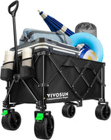 VIVOSUN Collapsible Folding Wagon, Outdoor Utility with Silent All-Terrain Wide Wheels, Adjustable Handle, Cup Holders & Side Pockets, for Camping, Beach, Shopping, Garden, Sports, Picnic, Black