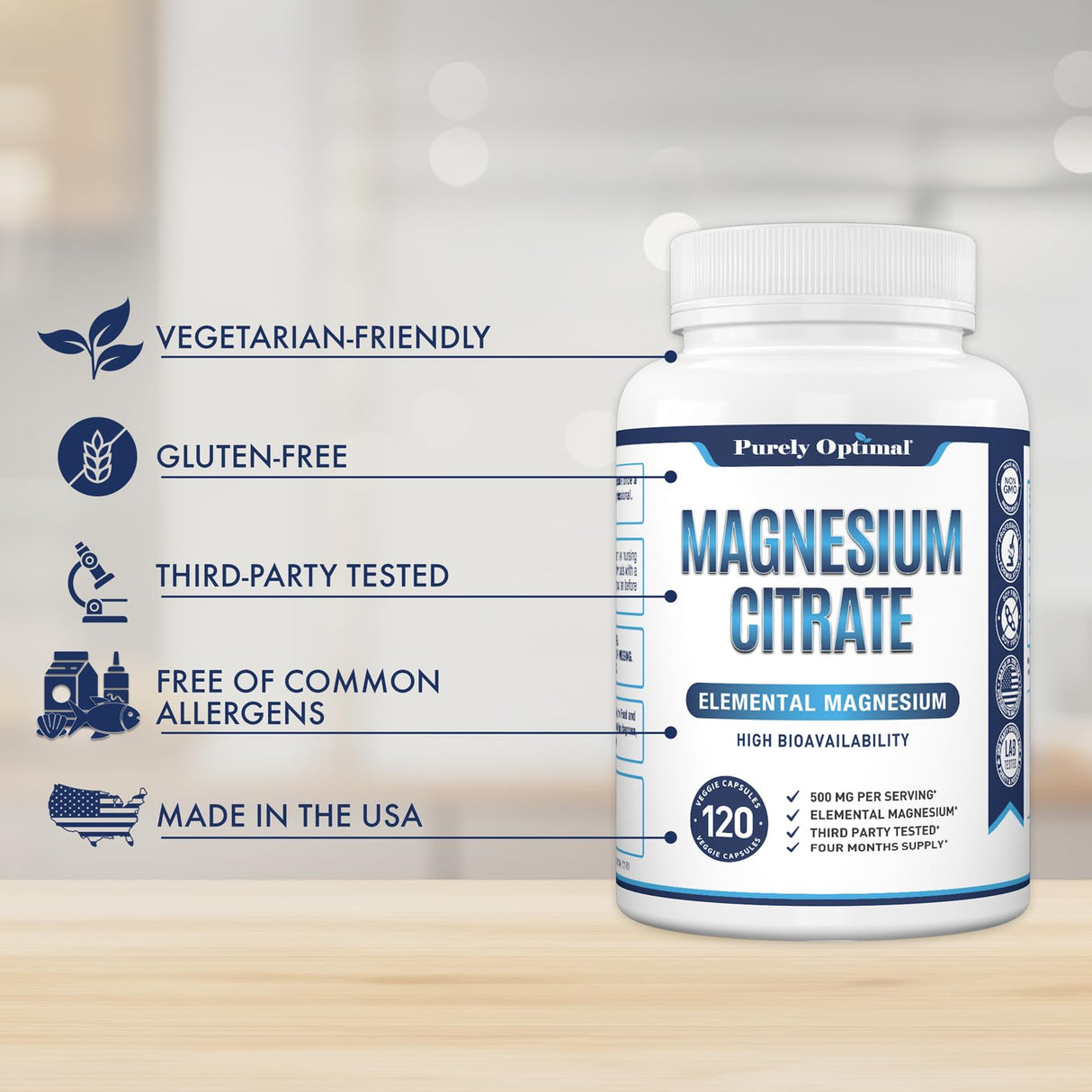 Purely Optimal Magnesium Citrate 500mg – Digestive Health, Gentle Constipation Relief, Sleep Support – High Absorption, Calm & Relaxation Formula – 120 Easy-to-Swallow Capsules