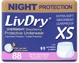 LivDry Adult XS Incontinence Underwear, Overnight Comfort Absorbency, Leak Protection, X-Small, 88-Pack