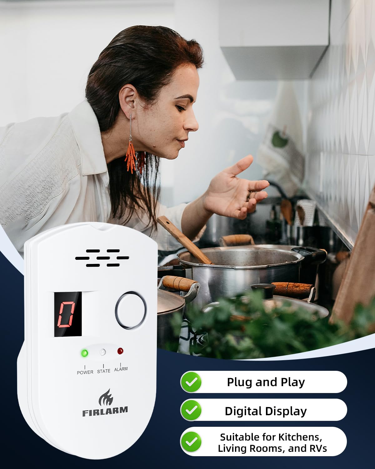 Firlarm Natural Gas Detector, Plug-in Gas Leak Detector for Home, Propane Leak Alarm for RV and Kitchen, with LED Digital Display
