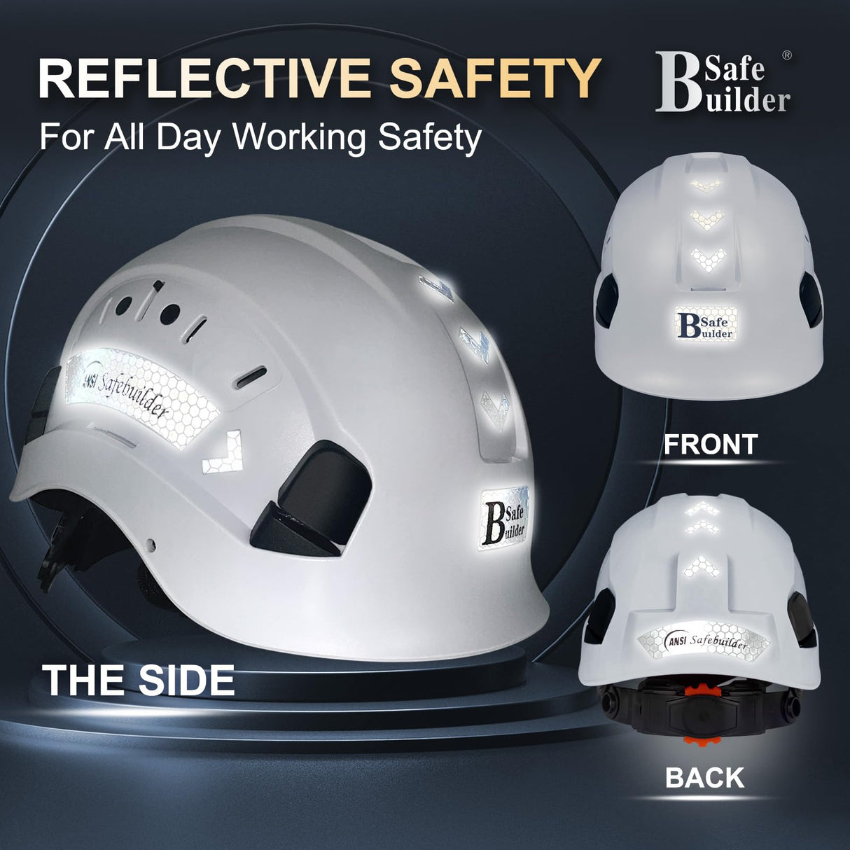 SAFEBUILDER ABS Work-at-Height and Rescue Hard Hat Construction Safety Helmet Slotted Ventilated w/Adjustable Ratchet 6-Point Suspension ANSI Z89.1-14 (01-White Safety Helmet)