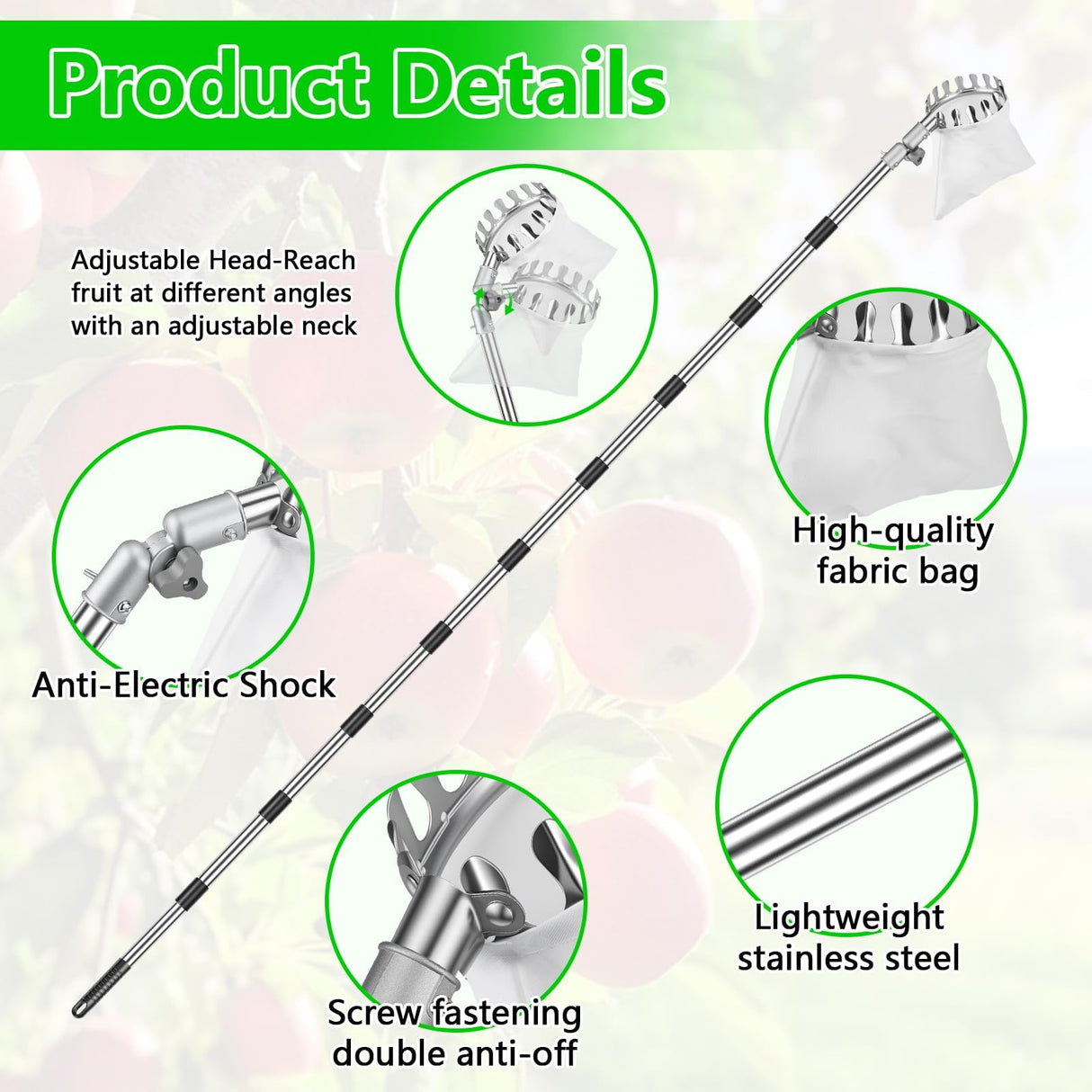 Dreamtop Fruit Picker Pole with Rotatable Basket Telescoping - 13 FT Adjustable Pole with Soft Bag, Lightweight Stainless Steel Fruit Picking Tool for Cherry, Apple, Mango, Orange, Avocado Tree Picker