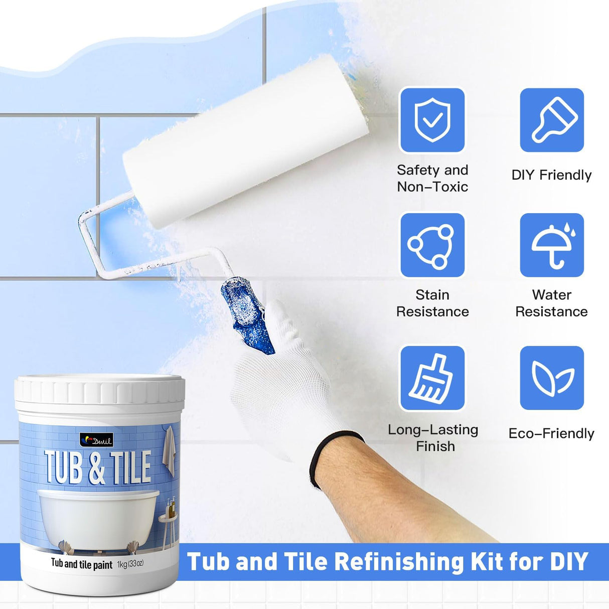 DWIL Tile Paint, Tub and Tile Refinishing Kit with Tools, Water-based Bathtub Paint - Low Odor, Easy to Use, 25-30sq.ft, 16.5oz, Semi-Gloss White
