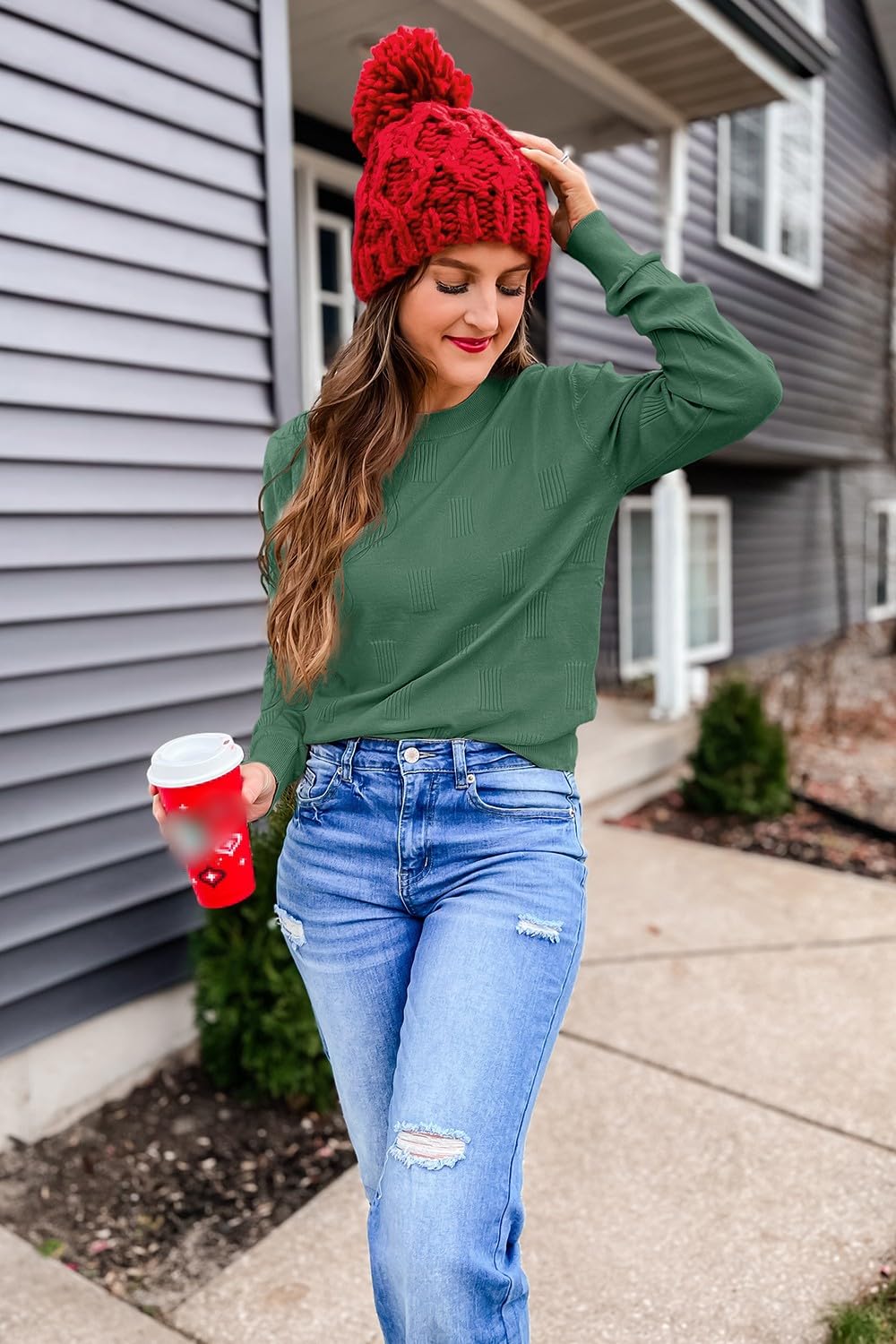 Arach&Cloz Womens Spring Tops 2024 Trendy Fashion Long Sleeve Shirt Knit Christmas Sweater Dressy Casual Clothes Green