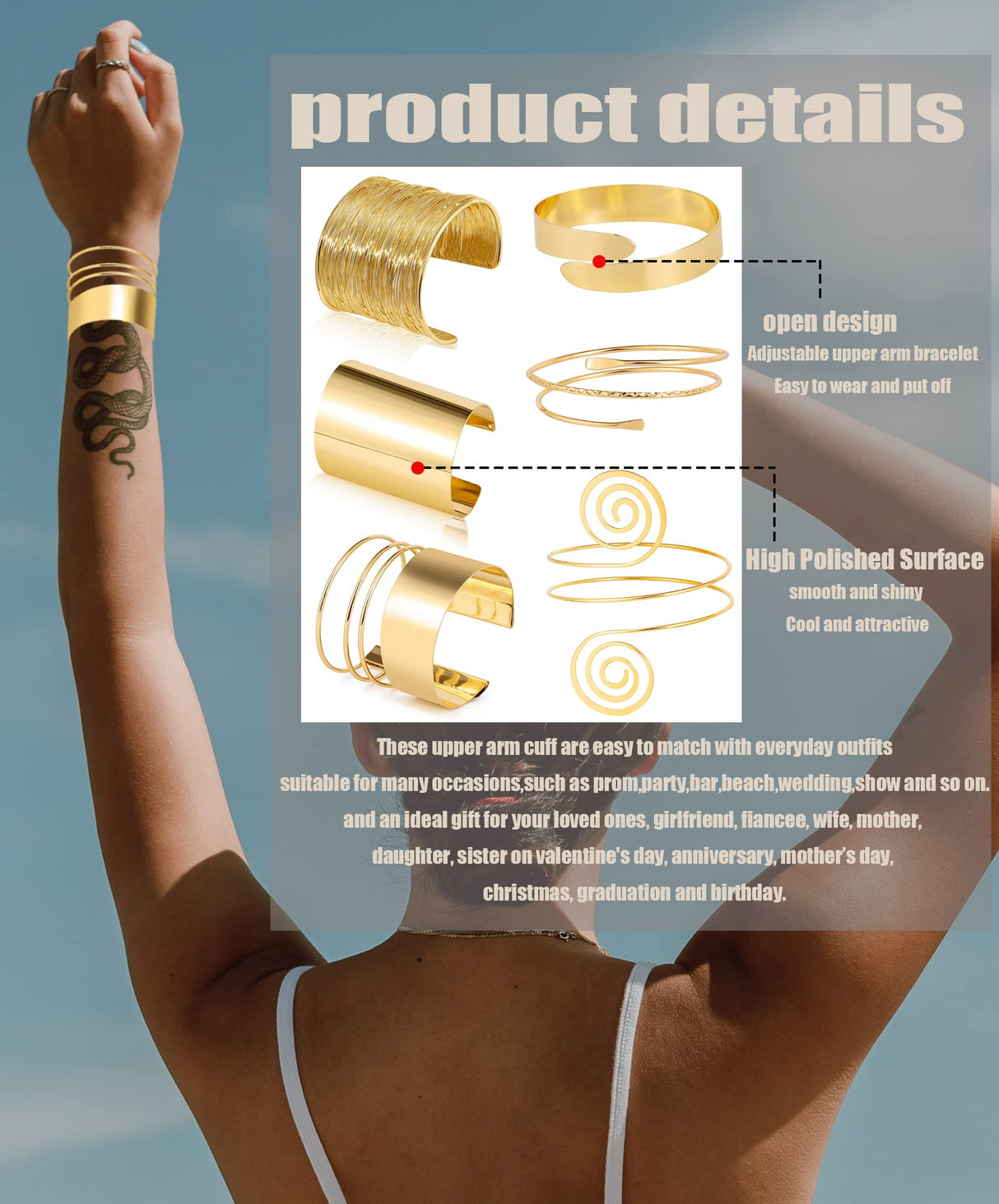 BOMAIL 6 Pieces Gold Upper Arm Cuff Band Bracelet Set