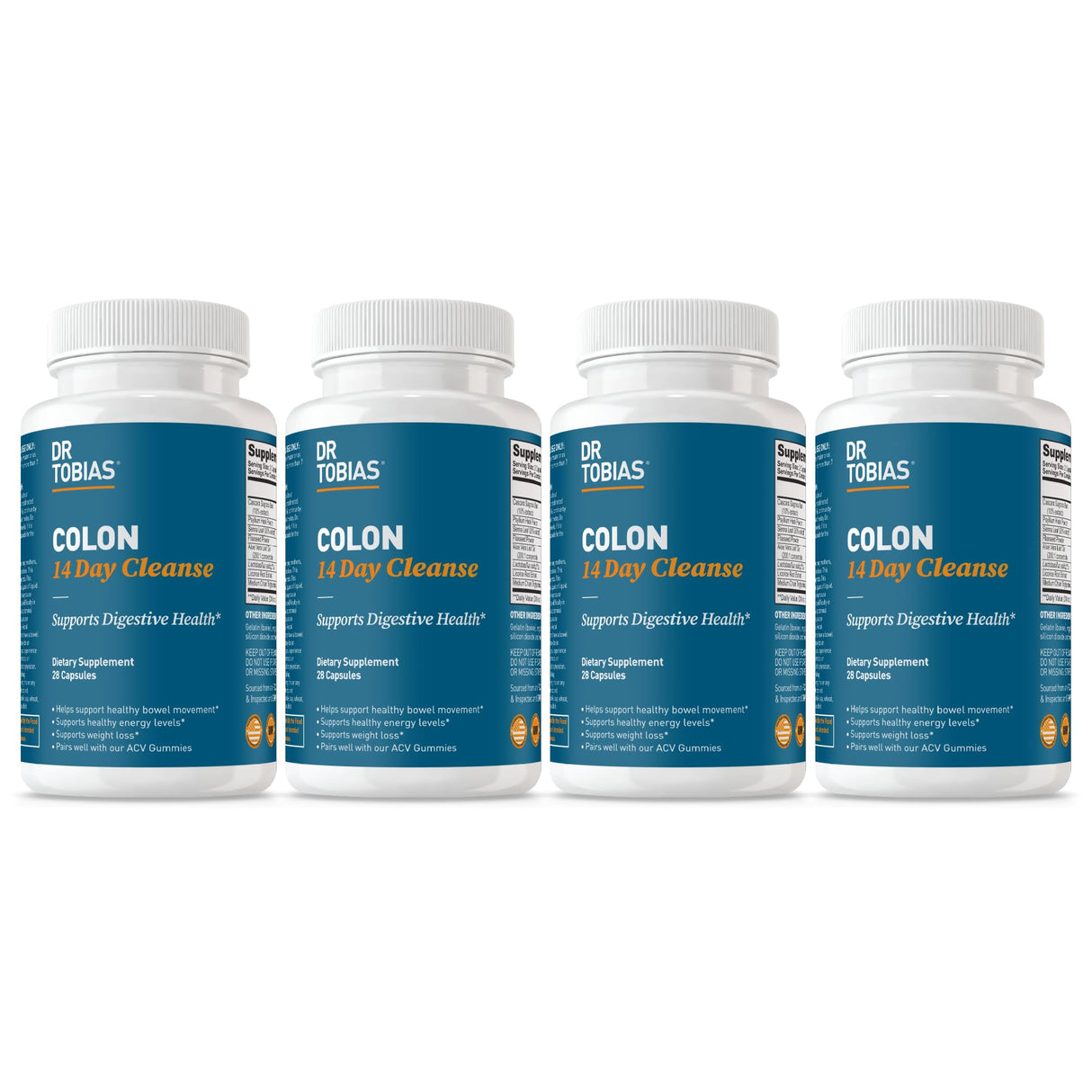 Dr. Tobias Colon 14 Day Cleanse, Advanced Gut Cleanse Detox for Women & Men with Cascara Sagrada, Psyllium Husk, Senna Leaf & Probiotics, Non-GMO Colon Cleanse, 4 Bottles of 28 Capsules (1-2 Daily)