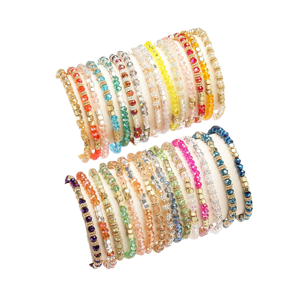 SROBENZ 30Pcs Boho Beaded Bracelets for Women Colorful Stackable Sparkly Crystal Beads Bracelets Multi-Layer Versatile Statement Stretch Cuff Jewelry Gifts