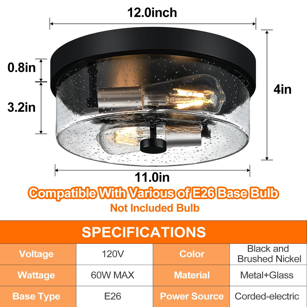 Flush Mount Ceiling Light Fixtures, 2-Light Black and Silver Ceiling Mount for Farmhouse with Seeded Glass Lampshade, Industrial Flush Mount Light Fixture for Hallway, Kitchen, Entryway and Foyer