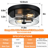 Flush Mount Ceiling Light Fixtures, 2-Light Black and Silver Ceiling Mount for Farmhouse with Seeded Glass Lampshade, Industrial Flush Mount Light Fixture for Hallway, Kitchen, Entryway and Foyer
