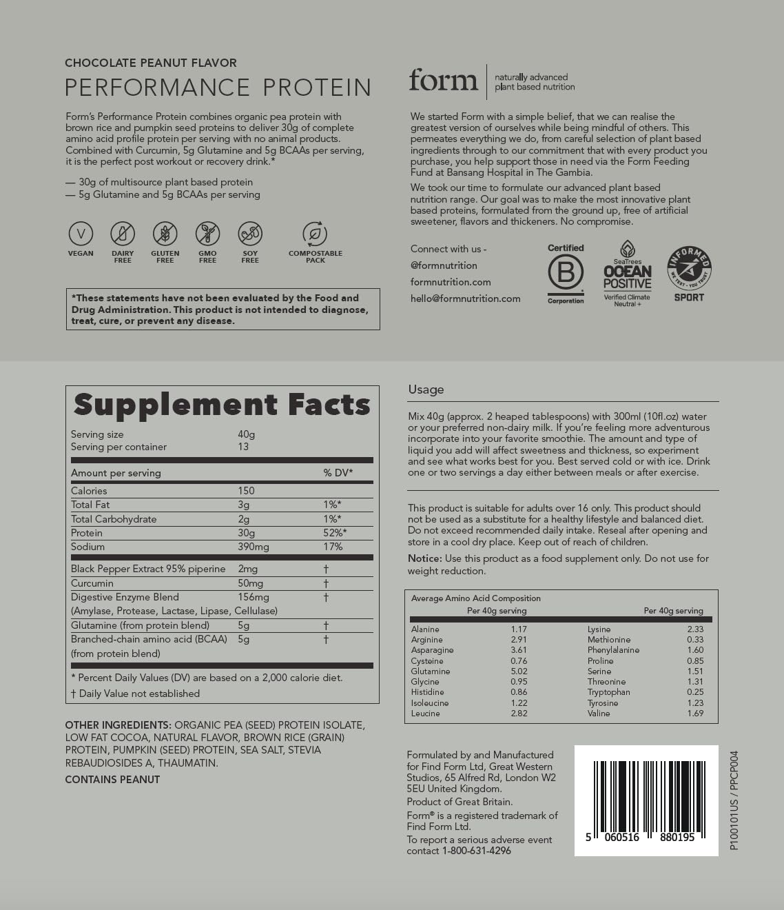 Form Performance Protein - Vegan Protein Powder - 30g of Plant Based Protein per Serving, with BCAAs. Perfect Post Workout. Tastes Great with Just Water! (Chocolate Peanut)
