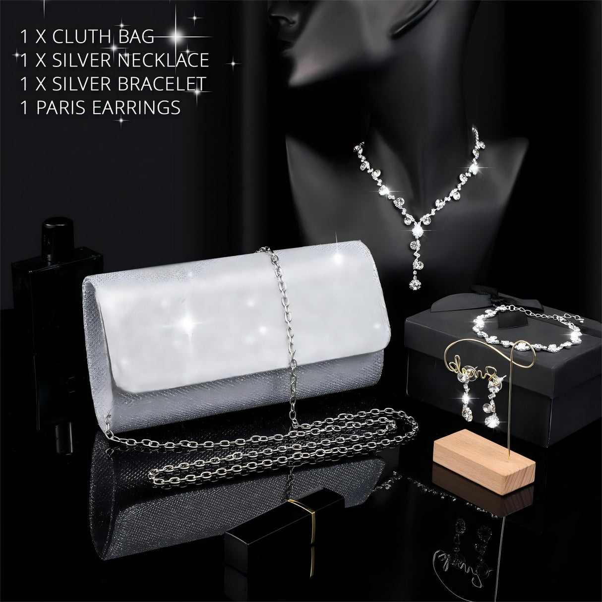 Meanplan 4 Pcs Silver Clutch Purse Jewelry Set for Women, Elegant Style