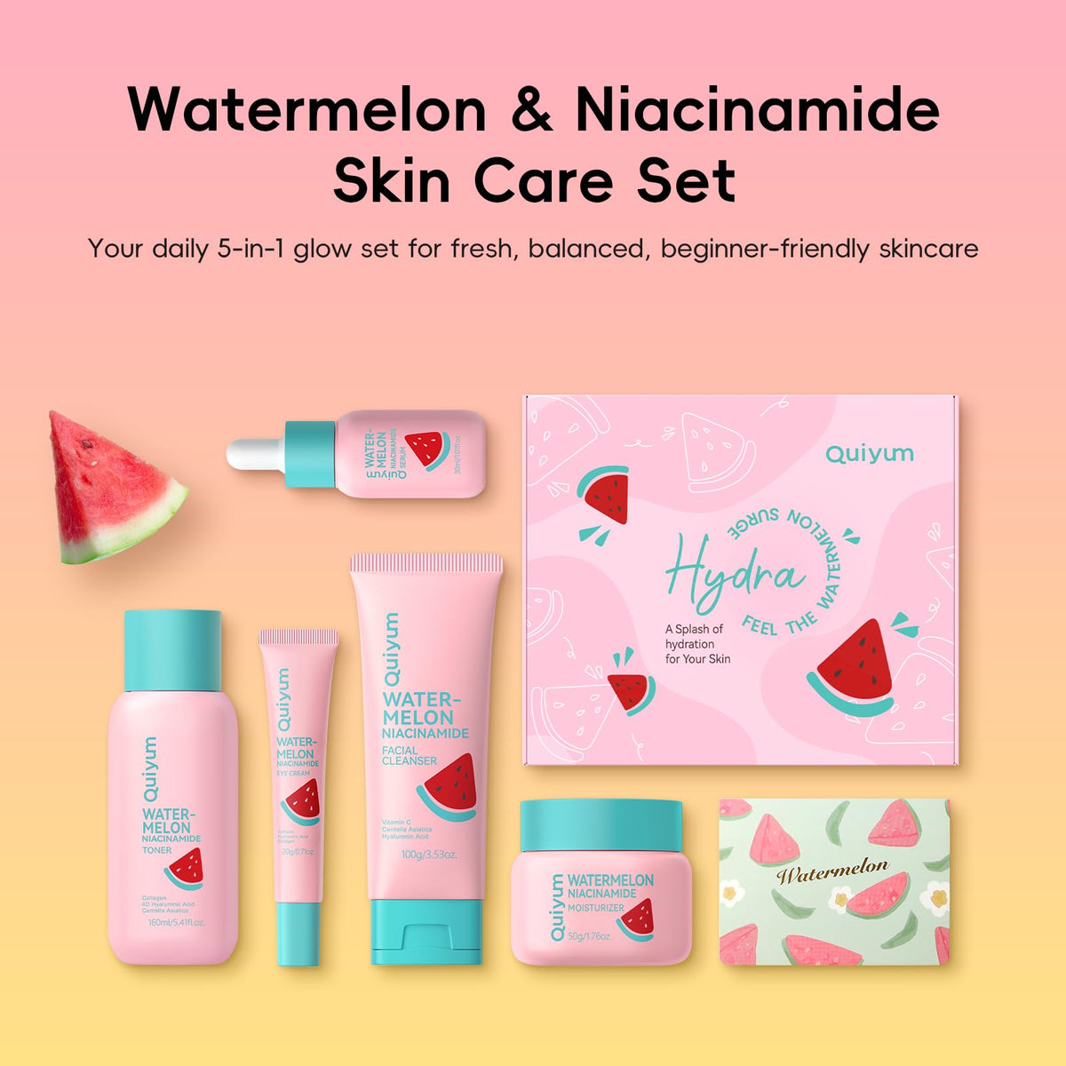 QUIYUM Watermelon & Niacinamide Skincare Set for Women Teens Girls, 5PCS