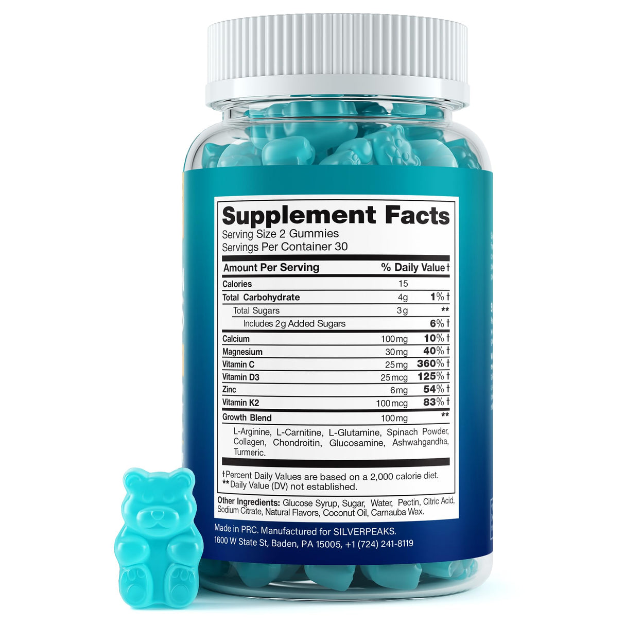 SILVERPEAKS Height Growth Gummies for Kids, Teens & Adults, Natural Growth Support Supplement with Calcium, Vitamin D3, K2, Magnesium, Zinc & More, Natural Height Growth Maximizer Supplement, 60 PCS