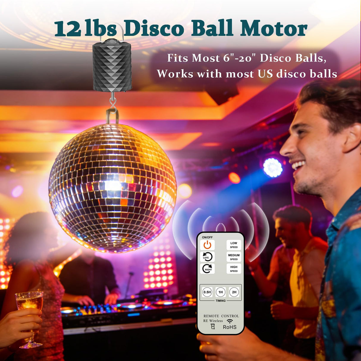 Disco Ball Motor with Remote, 1-30 RPM 3 Speeds & 2-Way Rotation,12LBS Capacity, 0.5/1/2H Timing for 6-20" Mirror Ball, Battery Operated Slow Control Wind Chime Spinner for Baby Crib Mobile Decor
