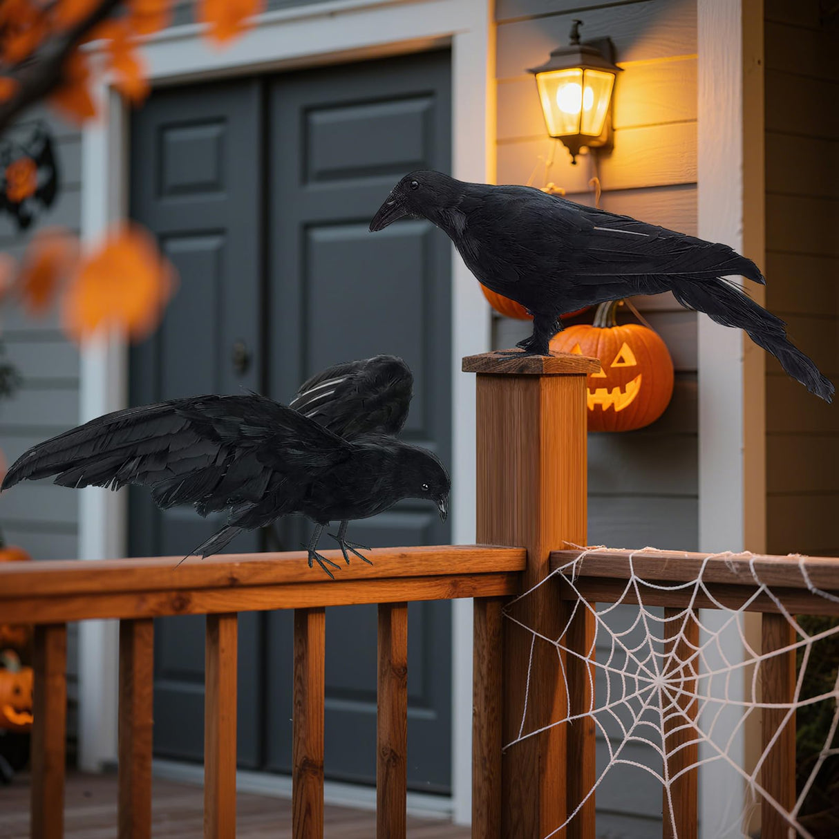 Black Fake Crows Halloween Decorations, Large Realistic Feather Black Crows