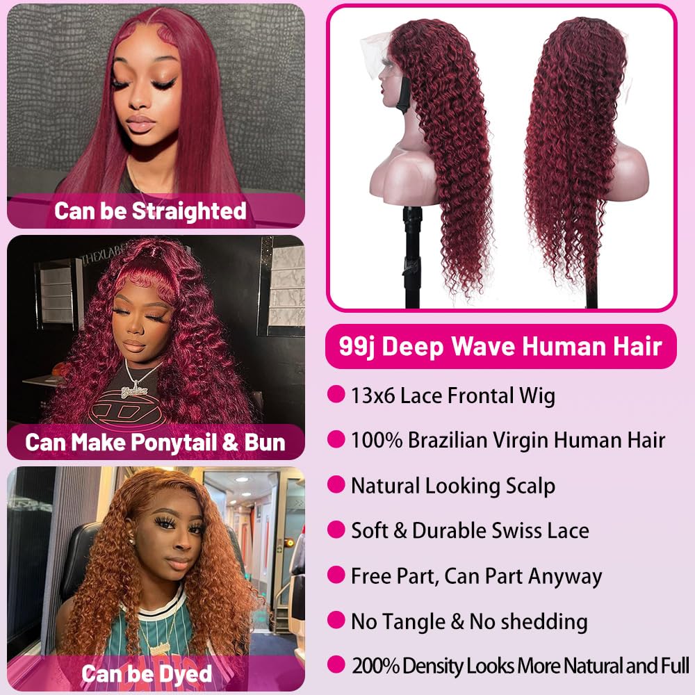 ILHILH 99J Burgundy Lace Front Wigs Human Hair Deep Wave 13x6 HD Lace Frontal Wigs Human Hair Pre Plucked 200 Density Wine Red Colored 99J Curly human hair Wig with Baby Hair 26 inch Glueless Wig
