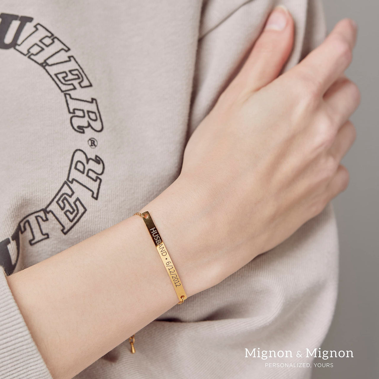 MignonandMignon Custom Name Bracelet Engraved Gold Bar | Personalized Coordinate Bracelet for Women | Dainty Jewelry Gift for Mom Teen Girls Graduation Mothers Day