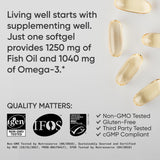Sports Research Triple Strength Omega 3 Fish Oil - Burpless Fish Oil Supplement w/EPA & DHA Fatty Acids from Single-Source Wild Alaskan Pollock - 1250 mg, 90 ct