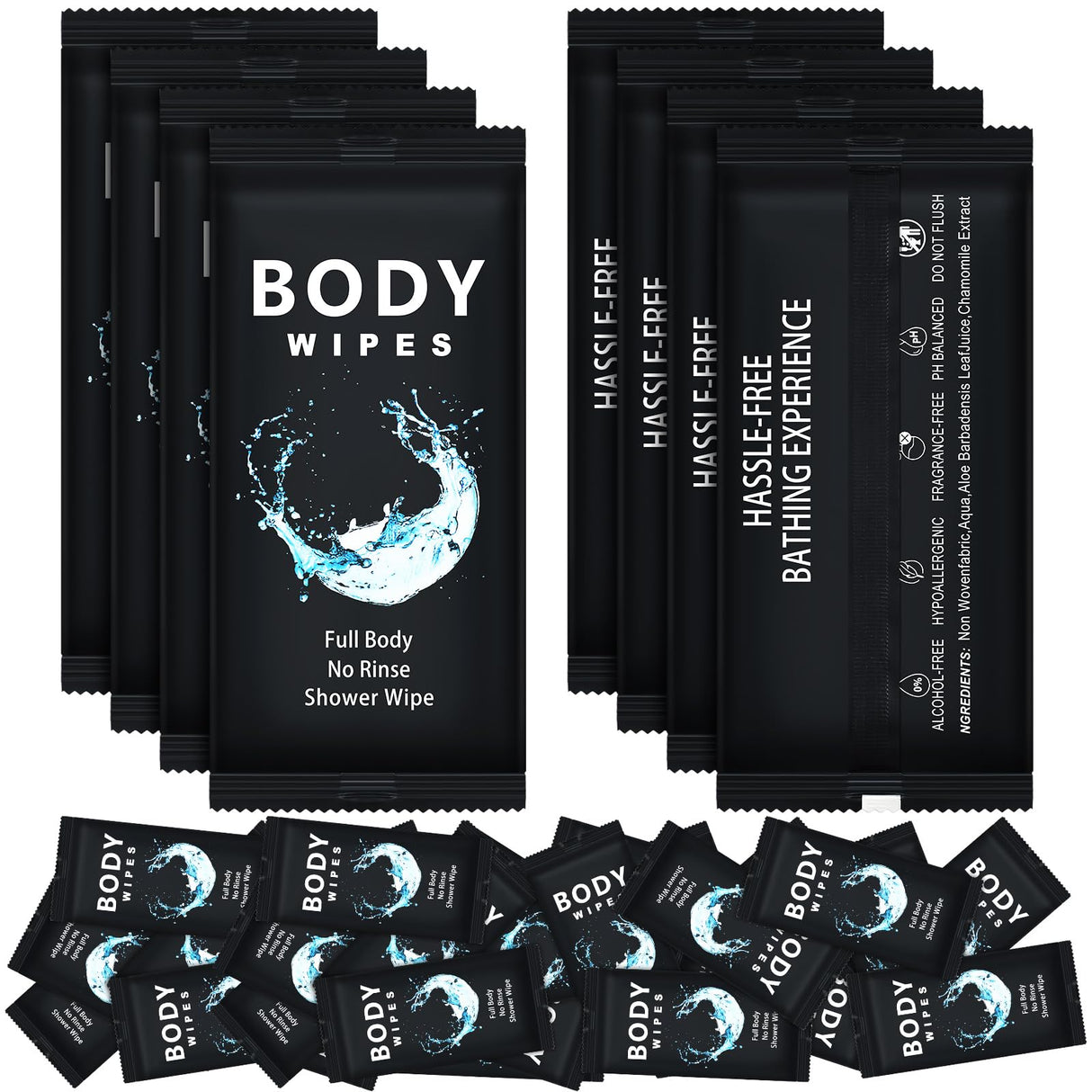 Treela 300 Pcs Bulk Large Body Wipes Individually Wrapped Big Bath Wipes for Adults Bathing No Rinse Shower Bulk Deodorant for Homeless Hygiene Personal Cleansing for Travel Gym(7.09" X 9.84",Black)