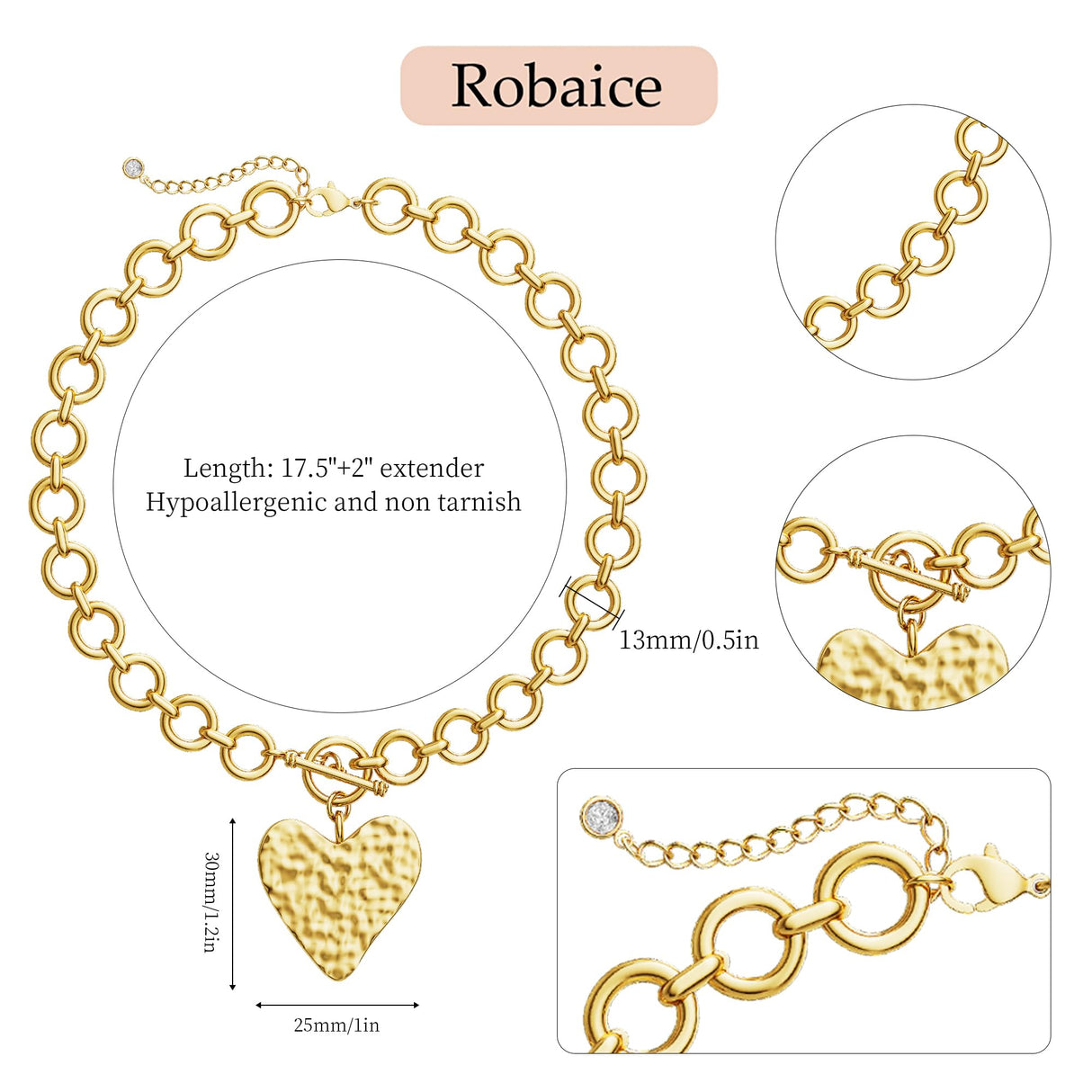 Robaice Chunky Heart Necklace for Women，14K Plated Gold Chain Necklaces