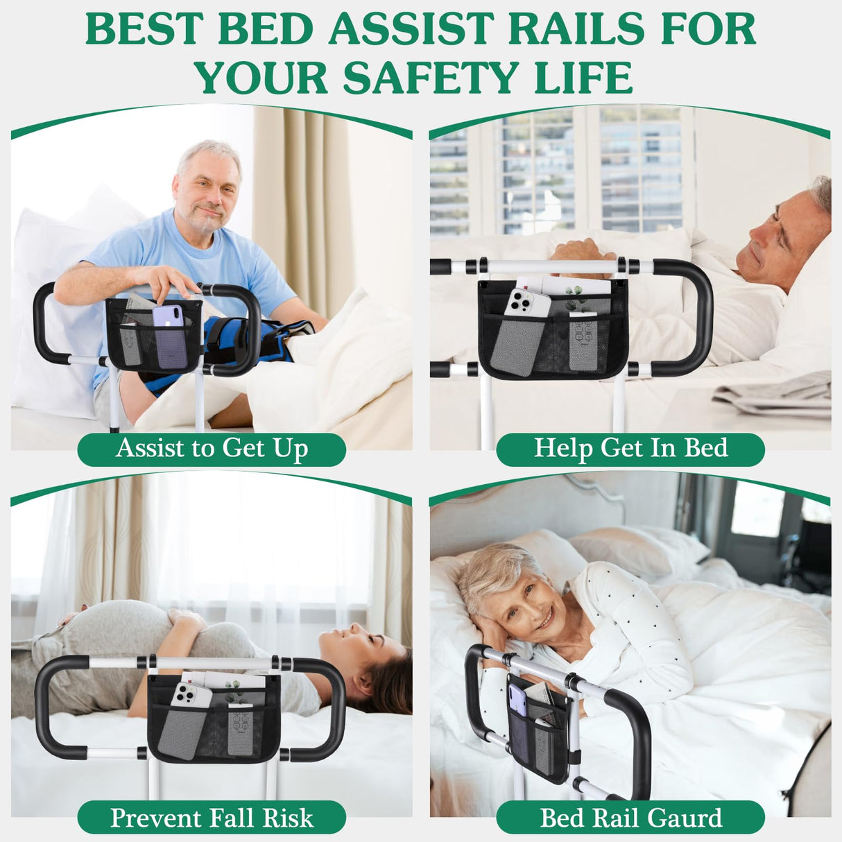 Bed Rails for Elderly Adults Safety - Extended Bed Assist Rail for Seniors - Adjustable Bed Side Rails Handle Support Bar Bed Guard Rail with Storage Bag & Fixing Strap, Fit King Queen Full Twin Bed