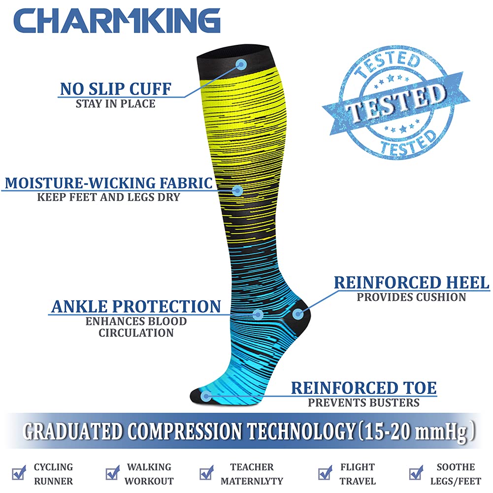 CHARMKING Compression Socks for Women & Men (8 Pairs) 15-20 mmHg Graduated Copper Support Socks are Best for Pregnant, Nurses - Boost Performance, Circulation, Knee High & Wide Calf (S/M, Multi 29)