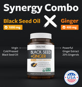 Cold-Pressed Black Seed Oil Capsules - Vegan Non-GMO Nigella Sativa Black Seed Oil Supplement with Ginger Extract for Wellness & Digestive Health Support - Gingerol & Thymoquinone-Rich (1 Month)