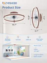 ZMISHIBO Ceiling Fans with Lights and Remote, 19.7'' Low Profile Ceiling Fan, 3000-6000K Dimmable Modern Flush Mount LED Fan Light, 6 Wind Speeds, Brown Fandelier Ceiling Fans for Bedroom
