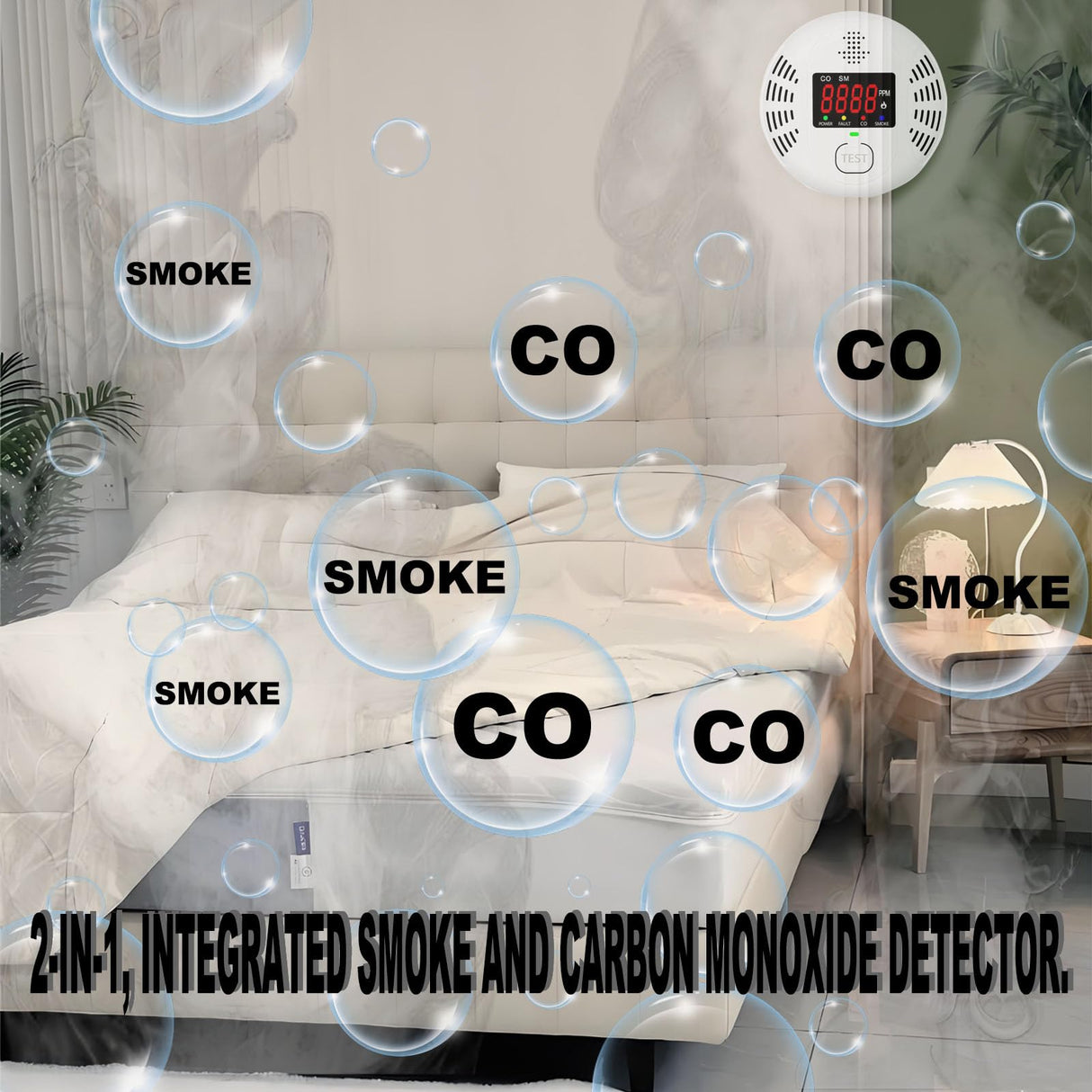 Vzmcov Carbon Monoxide and Smoke Detector Equipped with LCD Display, Battery Powered, Dual Sensor Alarm, 85dB Voice Alarm and Real-time CO Tracking, Suitable for Home/Kitchen/Bedroom/RV 1-Pack