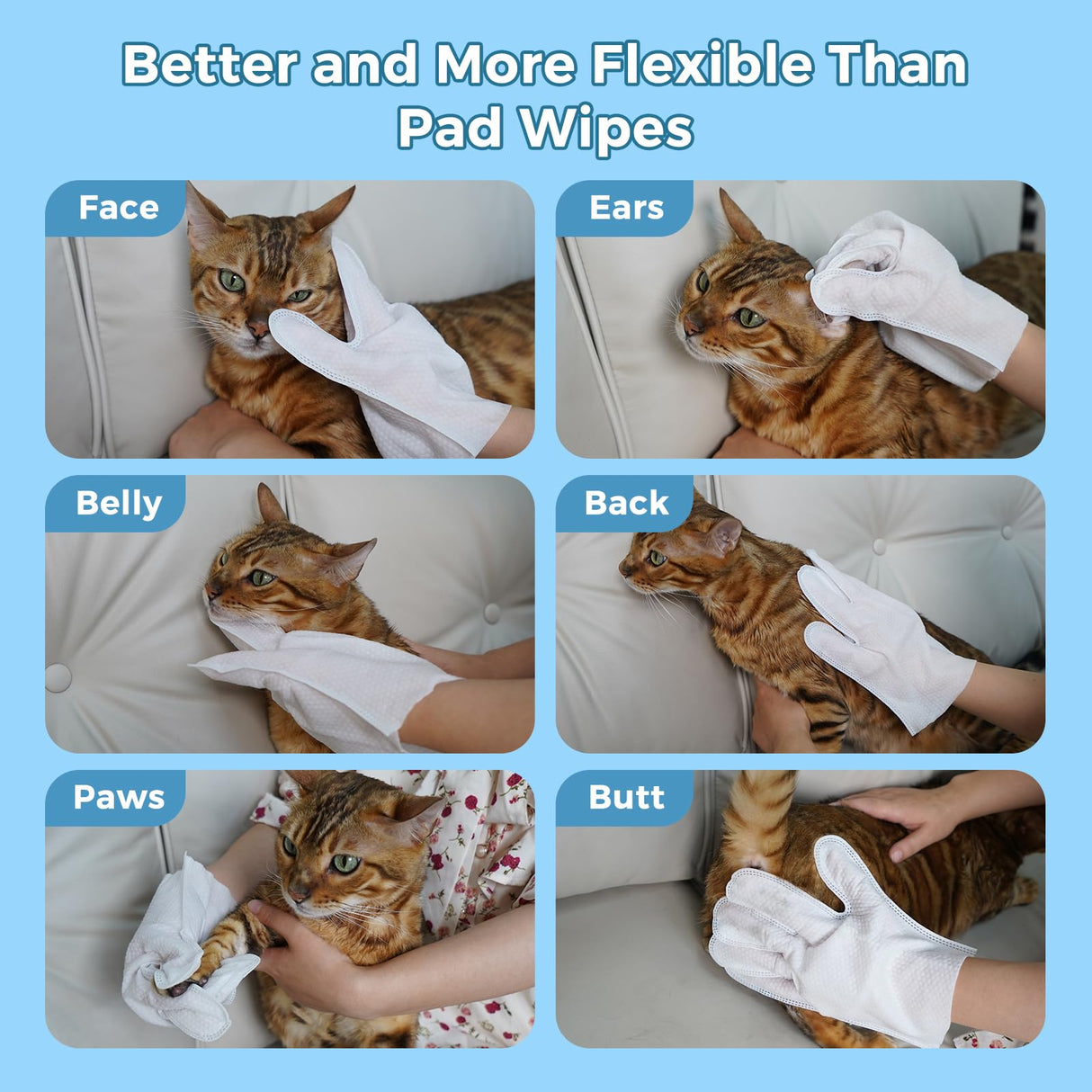 Vannon Extra Thick Pet Bathing Wipes for Dogs & Cats, Cleaning & Odor-Controlling Grooming Gloves, Nourish Fur Glove Wipes for Daily Care and Traveling, Rinse Free, Unscented, 6 PCS