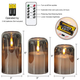 GenSwin Glass LED Candles with Remote Timer, Black Flameless Candles Battery Operated with Flickering Flame, Glass and Real Wax Pillar Candle for Halloween Christmas Home Decor(Set of 3, D3”x4”5”6”)