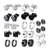 LEBOCADO 12 Pairs Earrings for Men, Stainless Steel Black Stud Earrings Hoop Earrings Set for Women, Black and Sliver Ear Studs (12 Pairs Set)