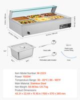 VEVOR Commercial Food Warmer, 1500W Electric Stainless Steel Steam Food Warmer with Glass Cover, 6 x 1/2 Size Pans Buffet Bain Marie with Soup & Perforated Ladles, for Catering, Restaurant & Party