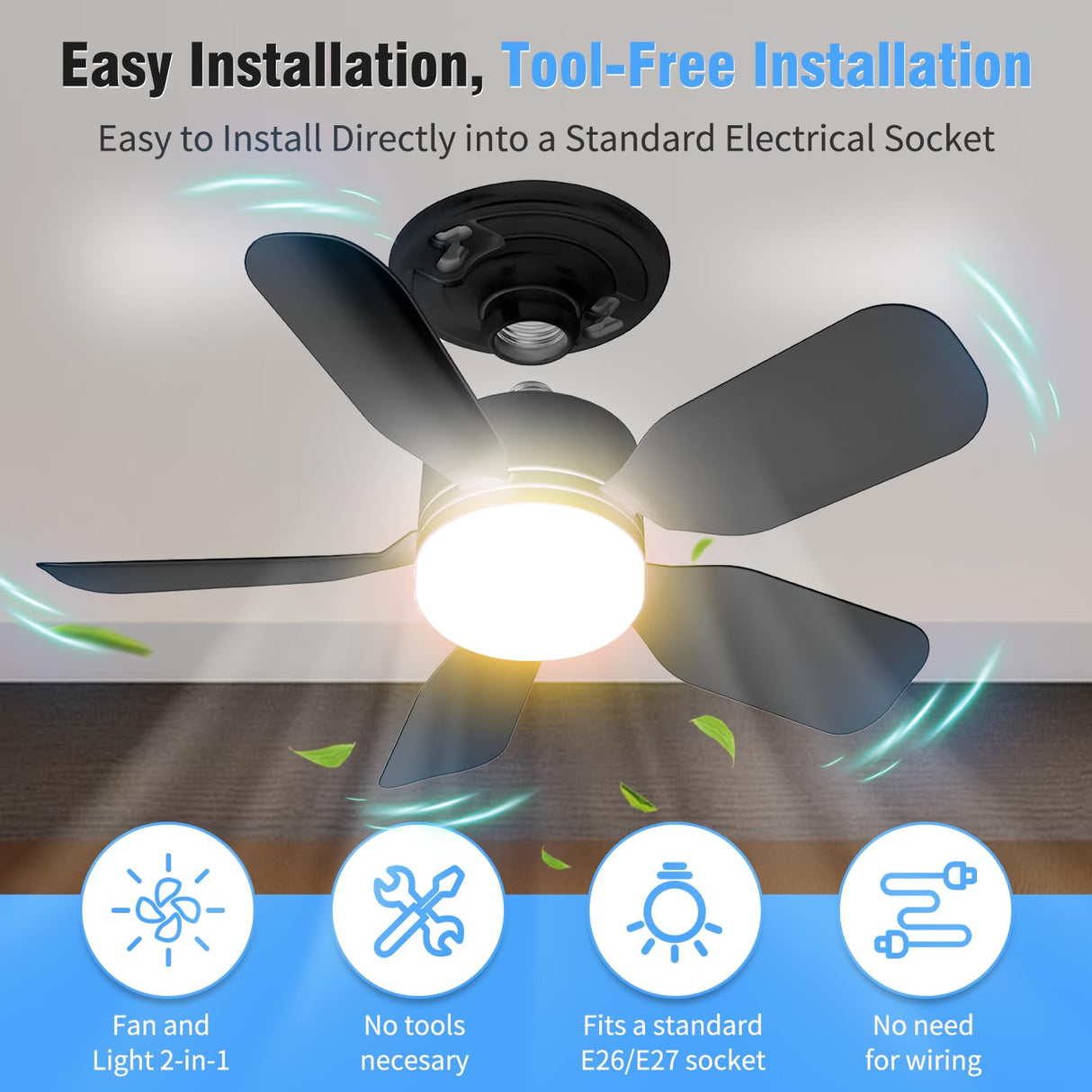 aupuslite 20" Socket Fan Light with Remote, 30W 2000 Lumens, 3 Colors 3000-6000K Small Ceiling Fans with Lights 6 Speed Wind Light Bulb Fan for Bedroom, Living Room, Kitchen, Laundry Room