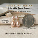 Mini Pearl Drop Earrings for Women - Petite Pink Double Pearl Studs (5mm Top + 10mm Drop), Real Freshwater Cultured, S925 Silver Hypoallergenic Post, 18K Gold Plated Dainty Jewelry