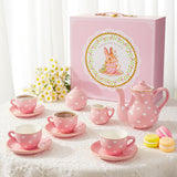 TUZT Porcelain Tea Party Set for Little Girls, Kids, Toddlers - 13Pcs Pink Heart Ceramic Set with Pot, Cups, Saucers & Carrying Case - Pretend Play Kitchen Toys - Christmas Birthday Gift for Girls