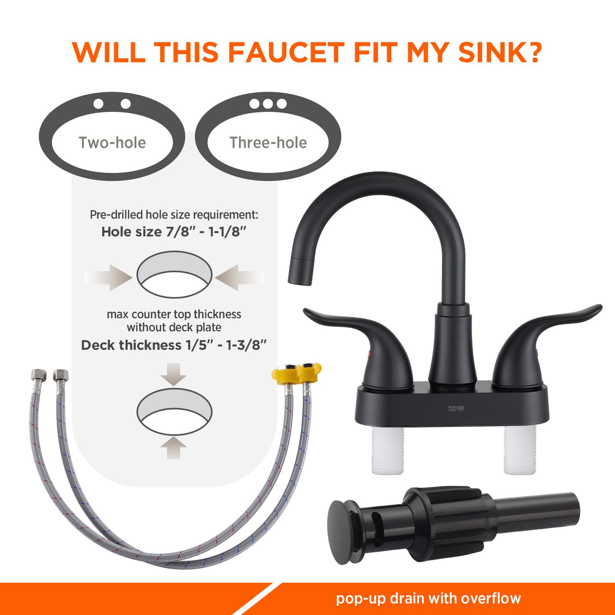 KPW Bathroom Sink Faucet 2 or 3 Hole Matte Black Centerset 4 Inch Bathroom Sink Faucet 2 Handle Plating Over ABS Plastic Non-Metallic Lavatory Bathroom Faucet with Pop up Drain Water Supply Hoses