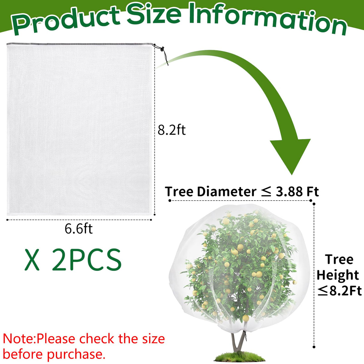 2 Pack 8.2 x 6.6 ft Fruit Tree Netting Covers with Drawstring