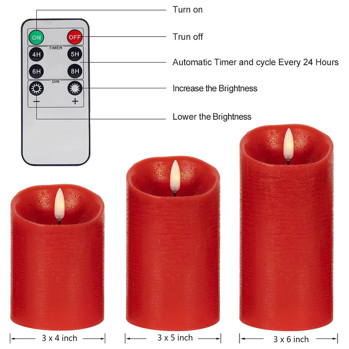 ANGELLOONG Red Flameless Candles with Remote, Real Wax Flickering Battery Operated Candles with Timer, Electric LED Fake Candles for Valentines Holiday Christmas Party Home Decor, Set of 3