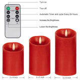 ANGELLOONG Red Flameless Candles with Remote, Real Wax Flickering Battery Operated Candles with Timer, Electric LED Fake Candles for Valentines Holiday Christmas Party Home Decor, Set of 3