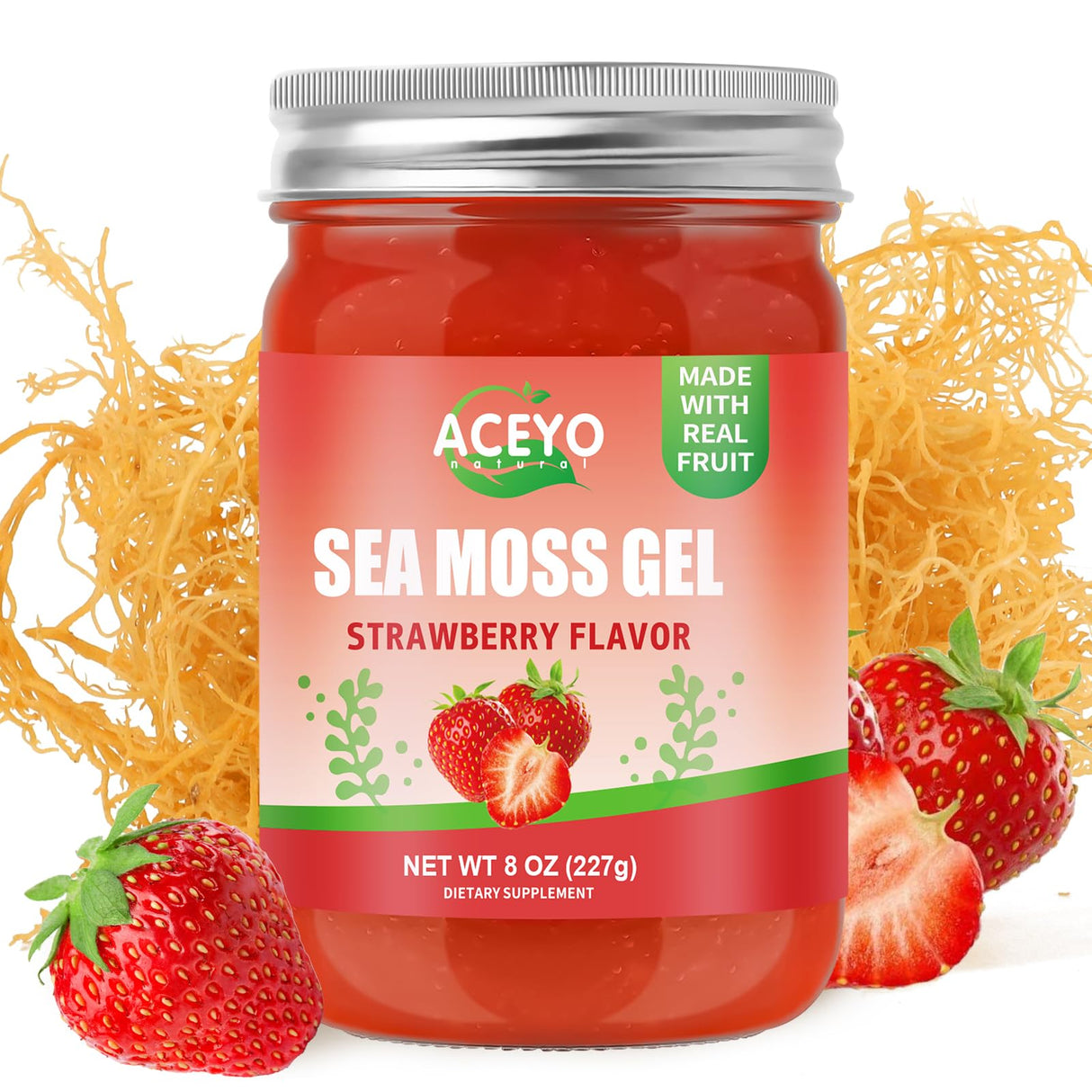 (8 OZ) Natural Sea Moss Gel Raw Strawberry Flavor Irish Seamoss Gel Vegan Women Men 102 Vitamins and Minerals Wild Harvested Non-GMO Immune Defense Booster Lung Thyroid Digestive Support