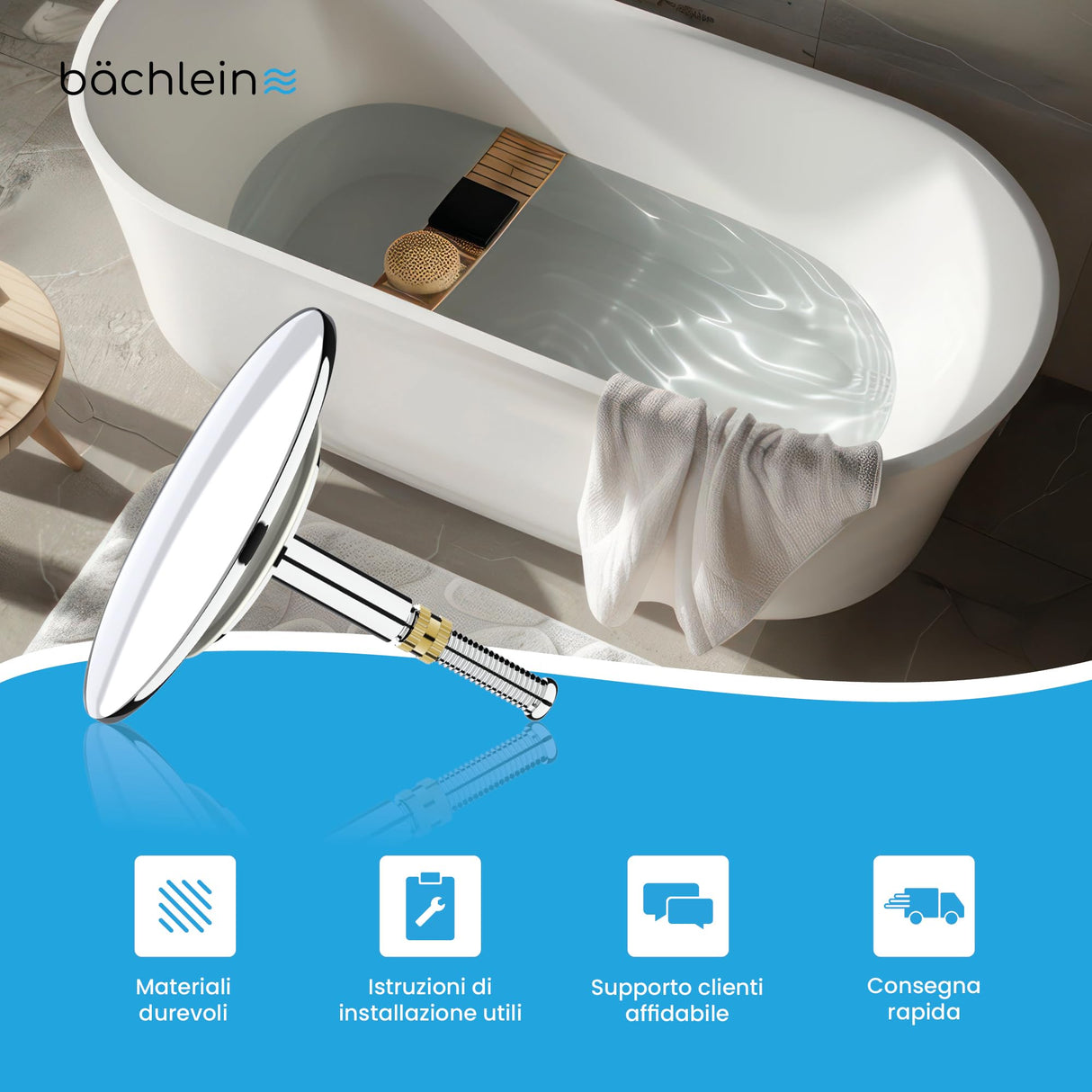 Bächlein Universal Badewannenstöpsel - Abfluss-Stopfen [PVD Gold] - inkl. Ersatzdichtung