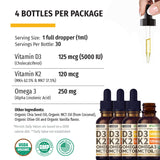 (4 Pack) Organic Vitamin D3 K2 Drops with MCT Oil Omega 3, 5000 IU, Maximum Strength Vitamin D Liquid - No Fillers, Non-GMO Liquid D3 for Faster Absorption & Immune Support (Vanilla, 4 Fl Oz)