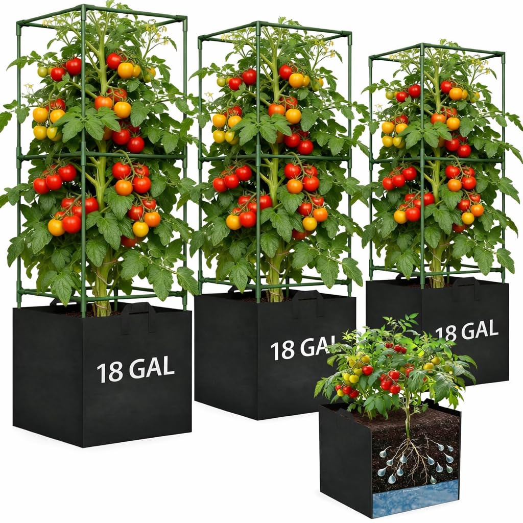Tomato Cages for Garden, Tomato Planter with Trellis, 48in Tall Square Tomato Trellis with 18 Gallon Grow Bags, Patio & Balcony, Metal Tomato Cage for Tomatoes Cucumbers Peas Climbing Plants, 3 Pack